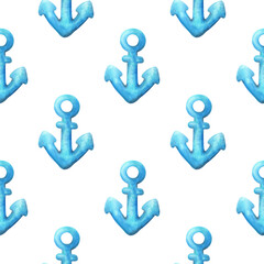 The blue anchor. Seamless pattern with watercolor illustrations on a white background. Background with marine design. Cute print for fabric, textile, paper