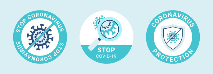COVID-19 labels in green color. Coronavirus icon with prohibit signs. Protection from virus, search and stop infection