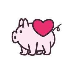 Piggy with heart line and fill style icon vector design