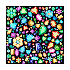 Seamless pattern of multi-colored diamonds on a black background.