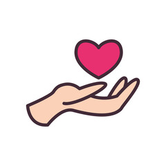 Heart over hand line and fill style icon vector design
