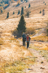 Two old people actively spend weekends in the autumn mountains go to Hiking