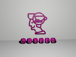 3D illustration of COFFEE graphics and text made by metallic dice letters for the related meanings of the concept and presentations. background and cup