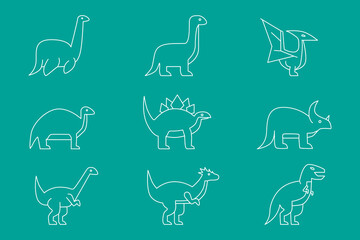 Naklejka na ściany i meble Dinosaurs Icons set - Vector outline symbols of triceratops, stegosaurus, tyrannosaurus and other animals of the Jurassic period for the site or interface