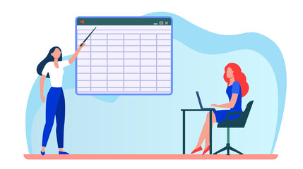 College girl giving report to teacher. Trainer explaining task to adult student flat vector illustration. Education, online distant learning concept for banner, website design or landing web page