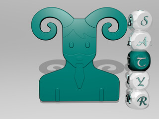 3D illustration of SATYR graphics and text around the icon made by metallic dice letters for the related meanings of the concept and presentations