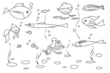Doodle set of funny fish and underwater world, octopus and seaweed