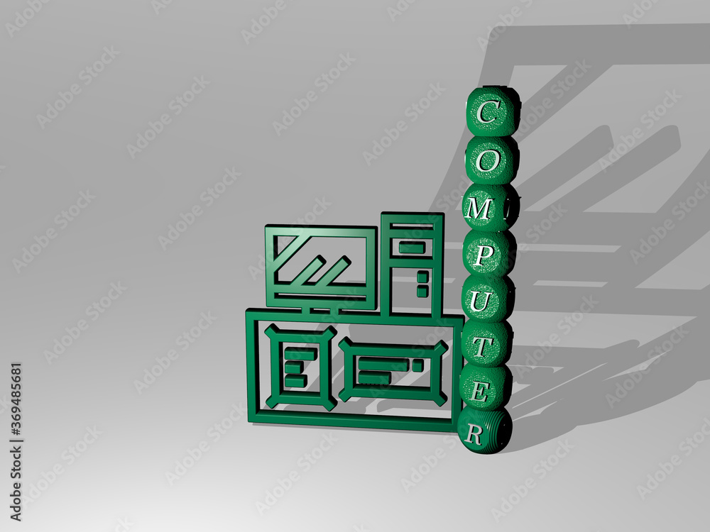 Poster 3d representation of computer with icon on the wall and text arranged by metallic cubic letters on a