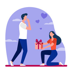 Woman giving gift to her boyfriend. Girl with present box getting down on one knee flat vector illustration. Love, special date concept for banner, website design or landing web page