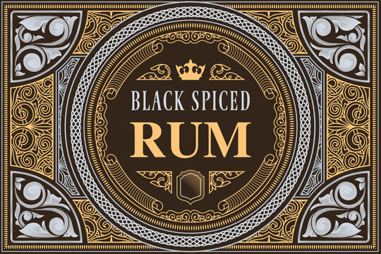 Black spiced Rum - ornate vintage decorative label