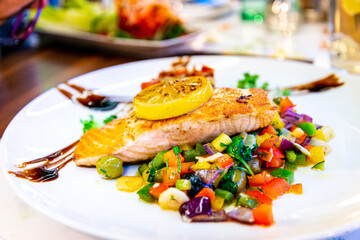 Grilled Salmon with fresh lettuce and mash potatoes