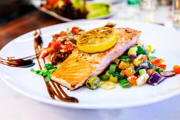Grilled Salmon with fresh lettuce and mash potatoes