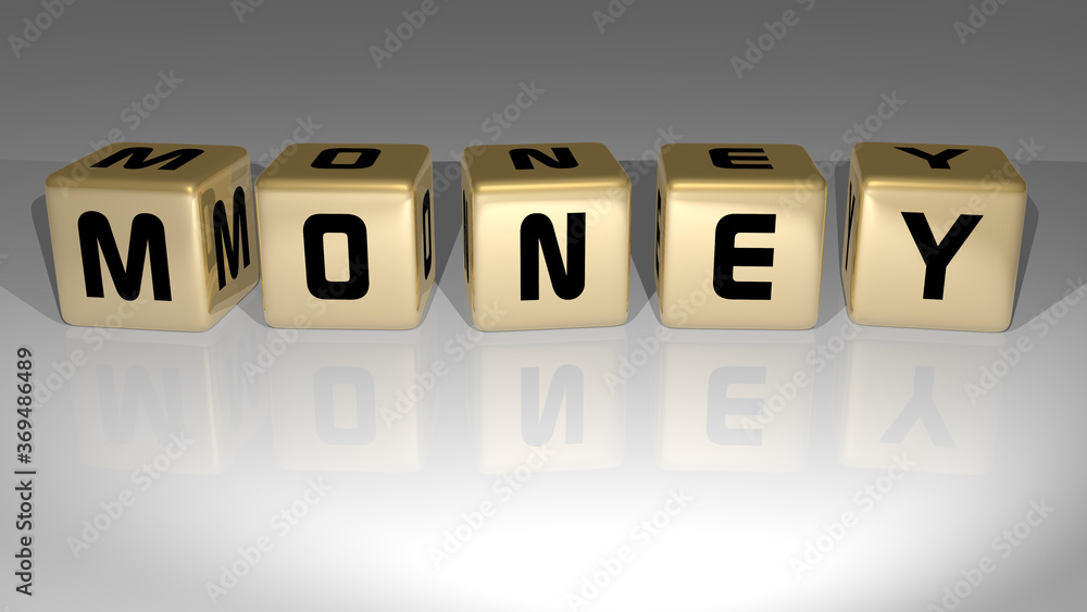 Poster 3d representation of money with icon on the wall and text arranged by metallic cubic letters on a mi
