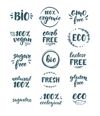 Eco, bio and organic products. Sagar, GMO, gluten and lactose free. Handwritten lettering. A set of stamps or stickers for packaging.