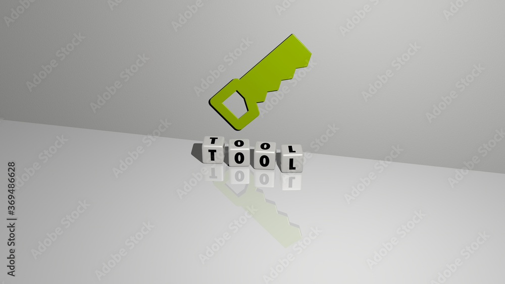 Poster 3d illustration of tool graphics and text made by metallic dice letters for the related meanings of 