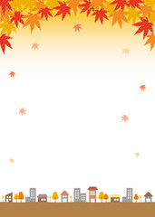 コピースペースのある秋と紅葉の街並み背景イラスト　縦