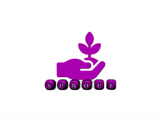 3D graphical image of sprout vertically along with text built by metallic cubic letters from the top perspective, excellent for the concept presentation and slideshows. green and illustration