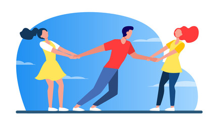 Women competing for boyfriend. Girls pulling on guy arms flat vector illustration. Competition, love, envy concept for banner, website design or landing web page