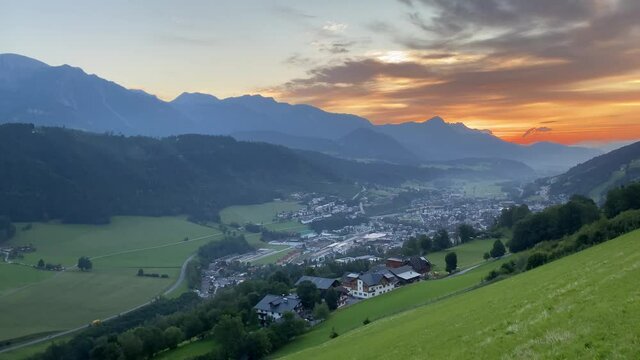 Dachstein mountain and Schladming city at sunrise. Views from Rohrmoos-Untertal, Austria. Rohrmoos-Untertal is a rural district known as a winter sports resort.