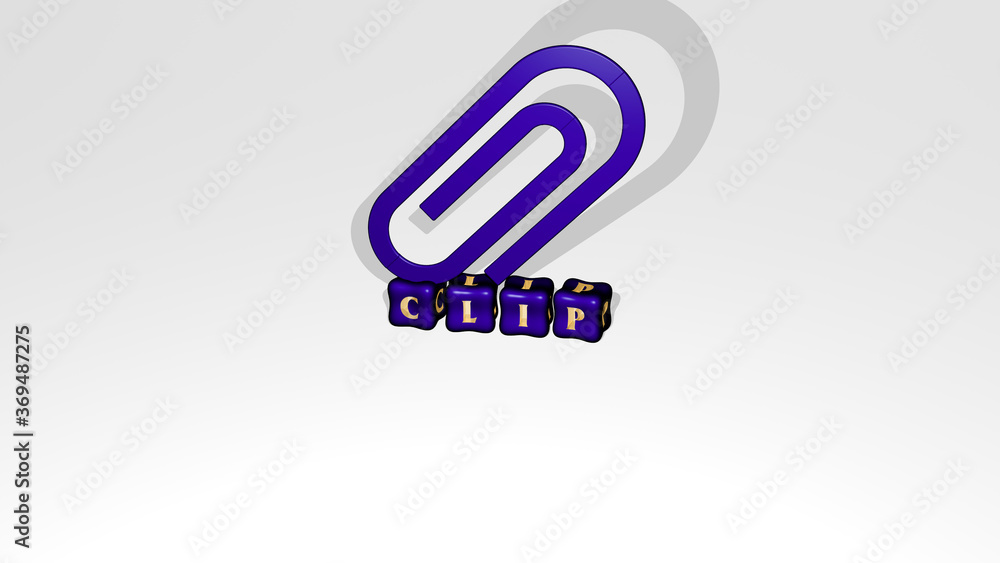 Poster 3d representation of clip with icon on the wall and text arranged by metallic cubic letters on a mir