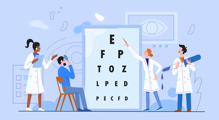 Ophthalmology medicine concept flat vector illustration. Cartoon woman man doctor ophthalmologist characters checking, testing patient vision sight, medical checkup in hospital, healthcare background