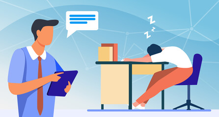 Manager with tablet reporting about sleepy colleague. Tired employee sleeping at workplace flat vector illustration. Lazy worker, office informer concept for banner, website design or landing web page