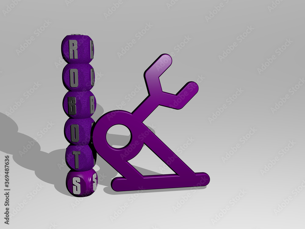 Poster 3d graphical image of robots vertically along with text built around the icon by metallic cubic lett