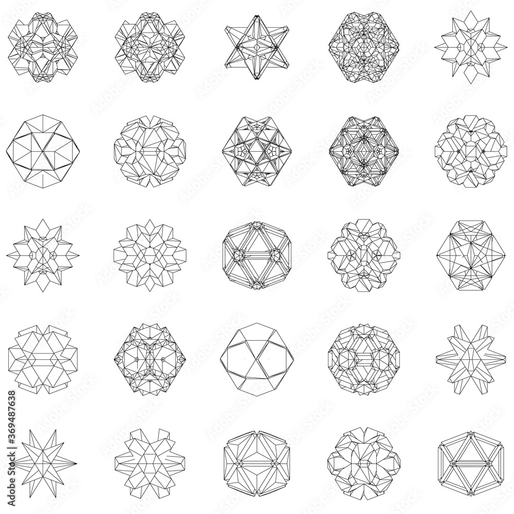 Poster set with contour of various geometric shapes from black lines on a white background. 3d. vector illu