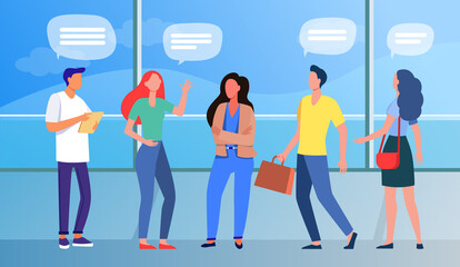 Obraz premium Group of people standing and talking in public place. Panoramic window, speech bubbles, airport flat vector illustration. Communication, travel concept for banner, website design or landing web page