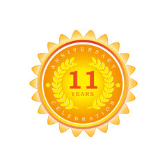 11 Years anniversary Golden badge logo. Vector illustration for your emblem design