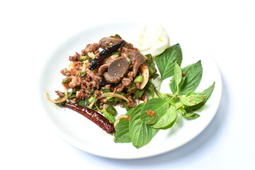 Thai spicy chop duck meat salad eat couple  fresh cabbage and Vietnamese coriander on plate