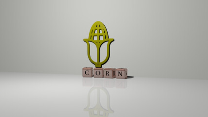 3D illustration of CORN graphics and text made by metallic dice letters for the related meanings of the concept and presentations. background and agriculture