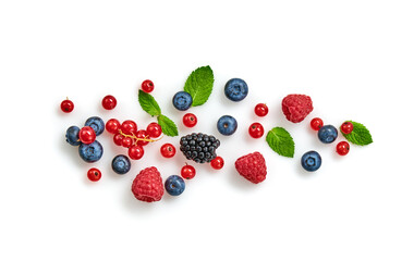 Blueberry, raspberry, blackberry, redcurrant isolated on white. Fresh blueberry, berries mix closeup. Red raspberry, mint creative composition. Colorful trendy concept, top view.