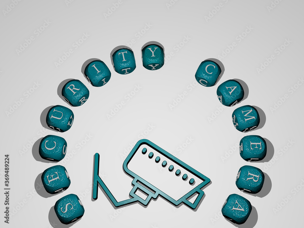 Poster 3d graphical image of security camera vertically along with text built around the icon by metallic c