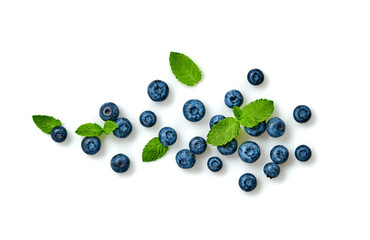 Blueberry isolated on white. Fresh blueberry closeup, healthy diet concept. Ripe organic bilberry, mint leaf creative composition. Juicy berries background, top view.
