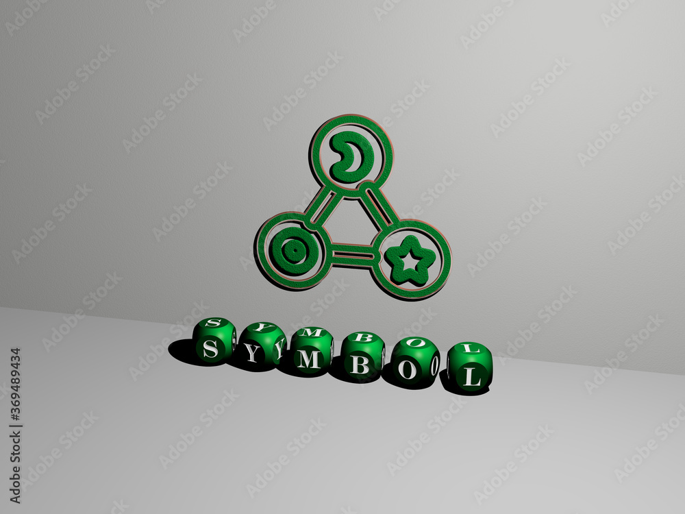 Poster 3d representation of symbol with icon on the wall and text arranged by metallic cubic letters on a m