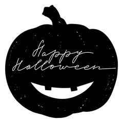 Black pumpkin silhouette with handwritten caption happy halloween, vector