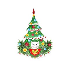 Сhristmas tree with cat on white background. Watercolor hand drawing illustration. Design greeting card, invitation.  Winter xmas holidays 