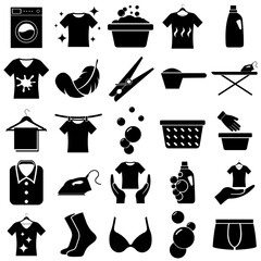 Laundry set icon, washing machine, dry cleaning clothes logo isolated on white background