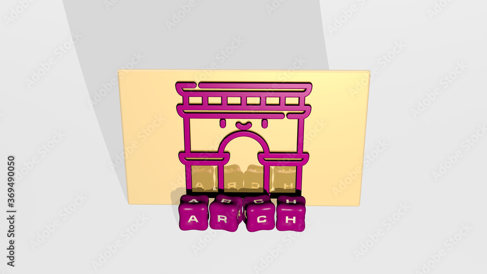 Poster 3d representation of arch with icon on the wall and text arranged by metallic cubic letters on a mir