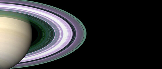 Planet Saturn and and its rings in dark space. 3d render panoramic illustration © zenobillis