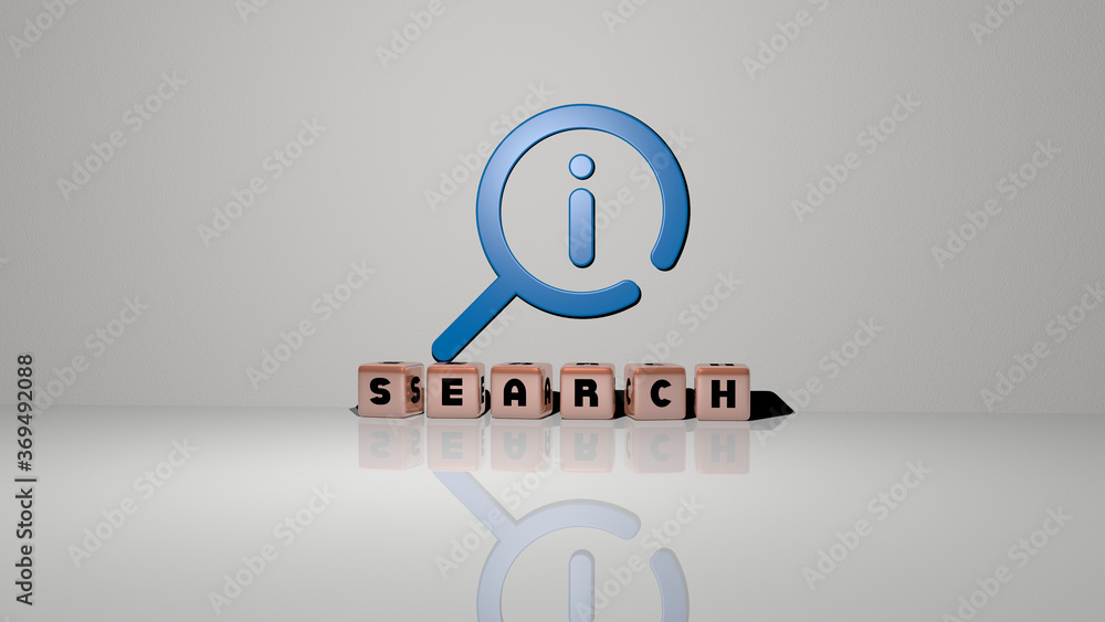 Poster 3d illustration of search graphics and text made by metallic dice letters for the related meanings o