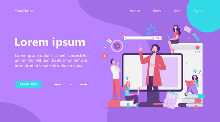 Teacher reading lecture online isolated flat vector illustration. Students learning lesson via laptop and listening webinar. Computer education and technology concept