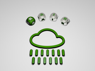 3D graphical image of rain vertically along with text built around the icon by metallic cubic letters from the top perspective, excellent for the concept presentation and slideshows. background and