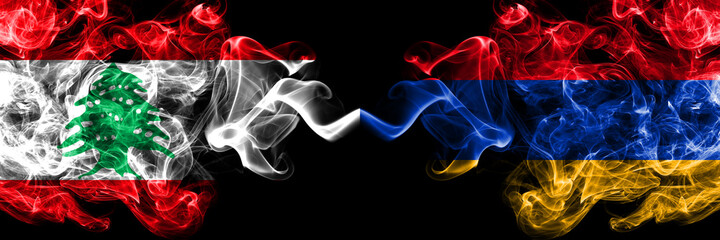 Lebanon vs Armenia, Armenian smoky mystic flags placed side by side. Thick colored silky abstract...