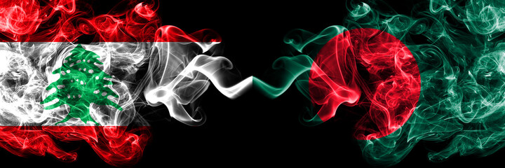 Lebanon vs Bangladesh, Bangladeshi smoky mystic flags placed side by side. Thick colored silky abstract smoke flags.