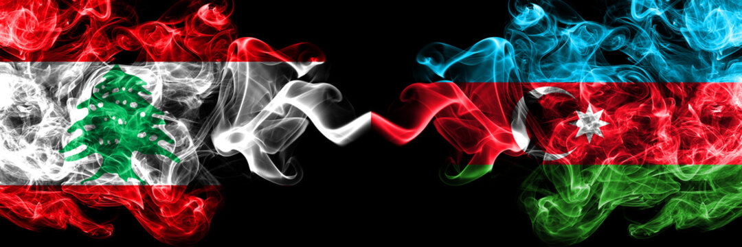 Lebanon vs Azerbaijan, Azerbaijani smoky mystic flags placed side by side. Thick colored silky abstract smoke flags.
