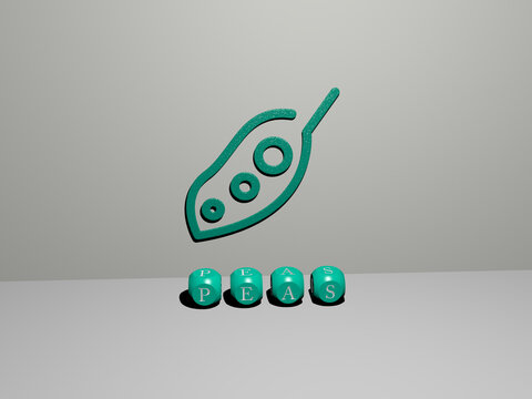 3D representation of peas with icon on the wall and text arranged by metallic cubic letters on a mirror floor for concept meaning and slideshow presentation. green and background