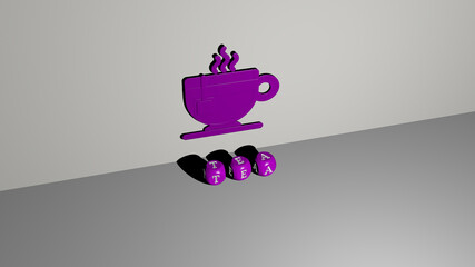 3D representation of TEA with icon on the wall and text arranged by metallic cubic letters on a mirror floor for concept meaning and slideshow presentation. background and cup