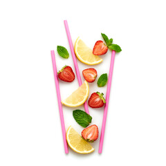 Strawberry, lemon, mint summer beverage isolated on white. Berry cocktail closeup, top view. Fresh lemonade citrus slices, strawberry. Creative fun concept, fashionable trendy, flat lay